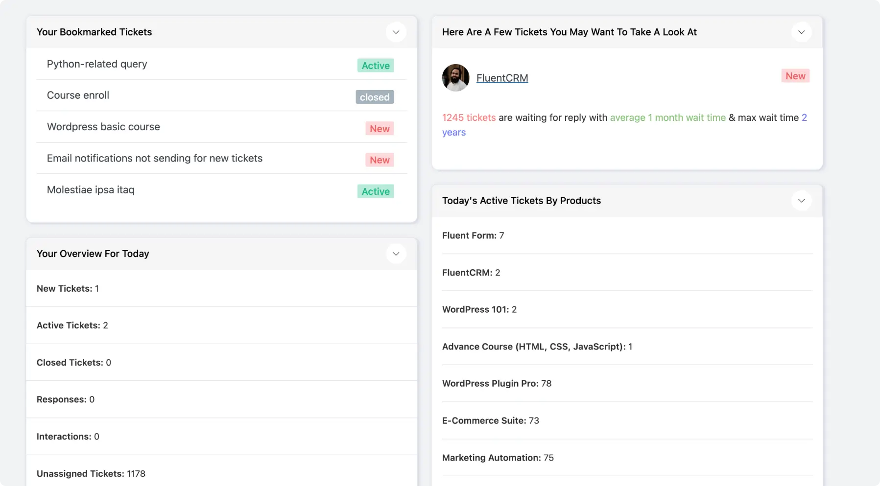 Fluent Support dashboard interface before the 2.0 update