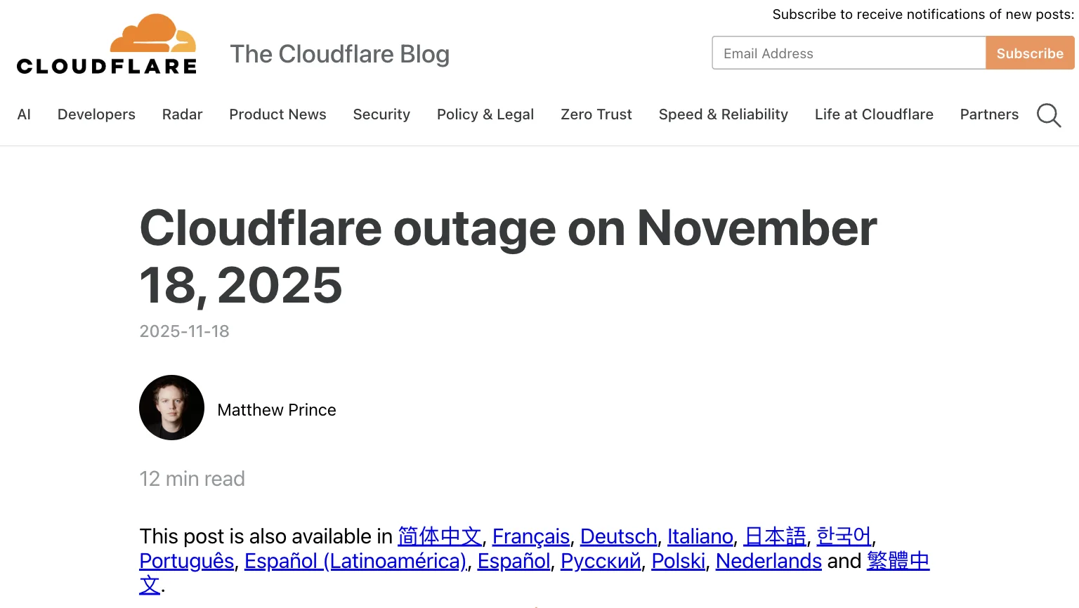 Cloudflare outage on November 18, 2025