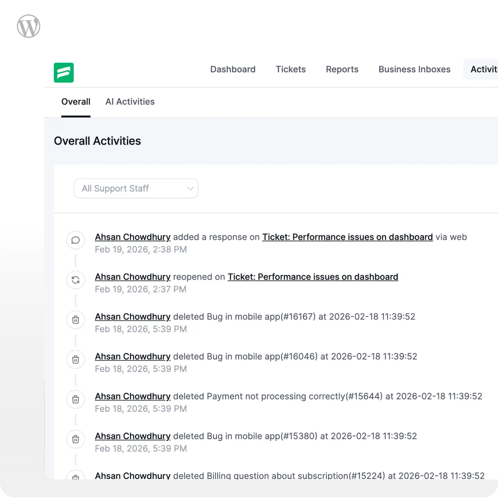 Fluent Support - activities