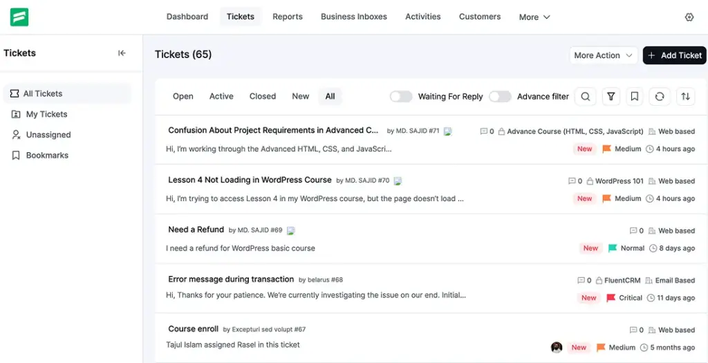 Fluent Support's ticket dashboard