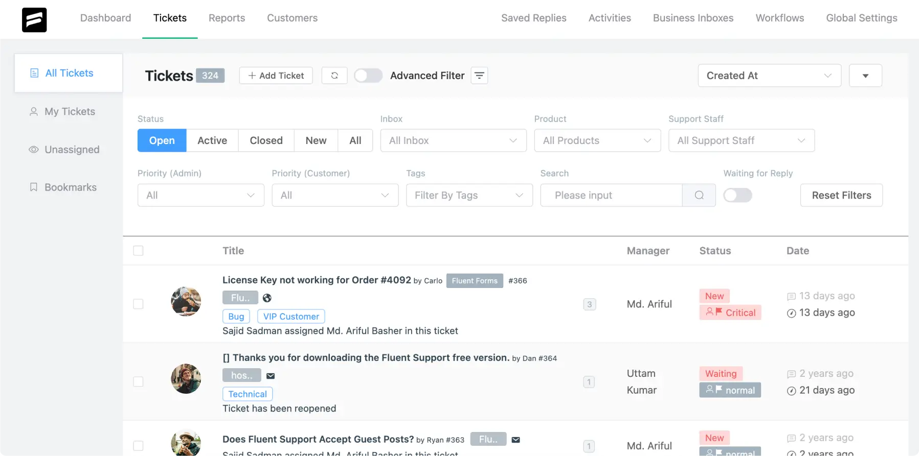 Fluent Support ticket page before the 2.0 update