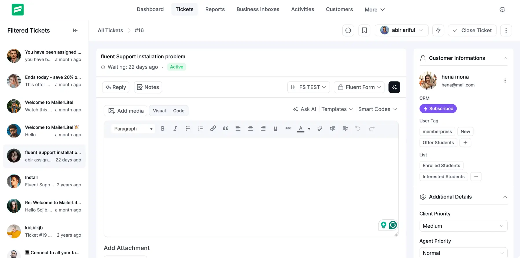 Updated Ticket Reply Section of Fluent Support 