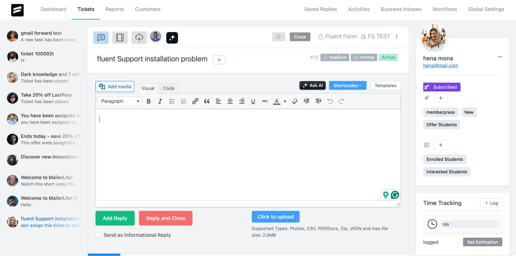 Ticket Reply Section of Fluent Support older version