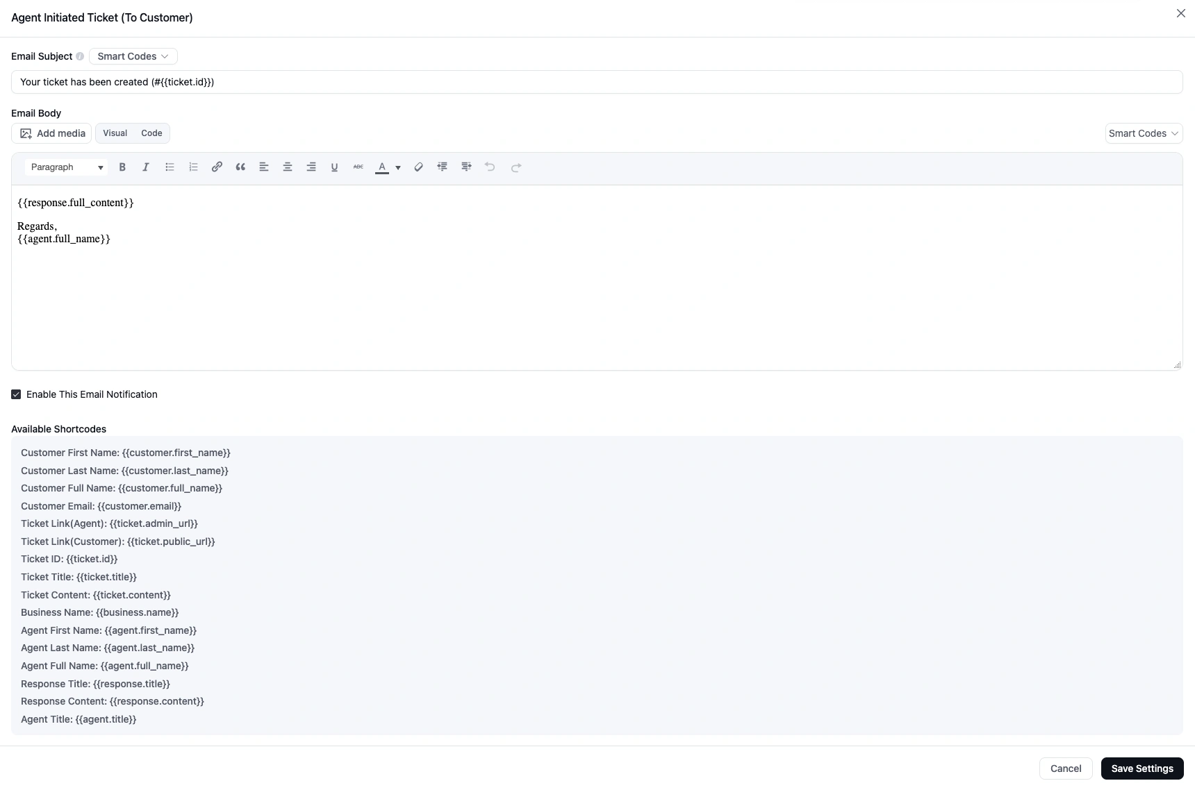Agent initiated ticket email piping