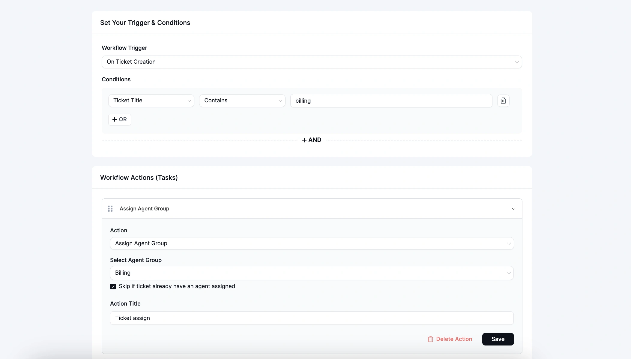 Assign Agent Group Workflow action, Fluent Support
