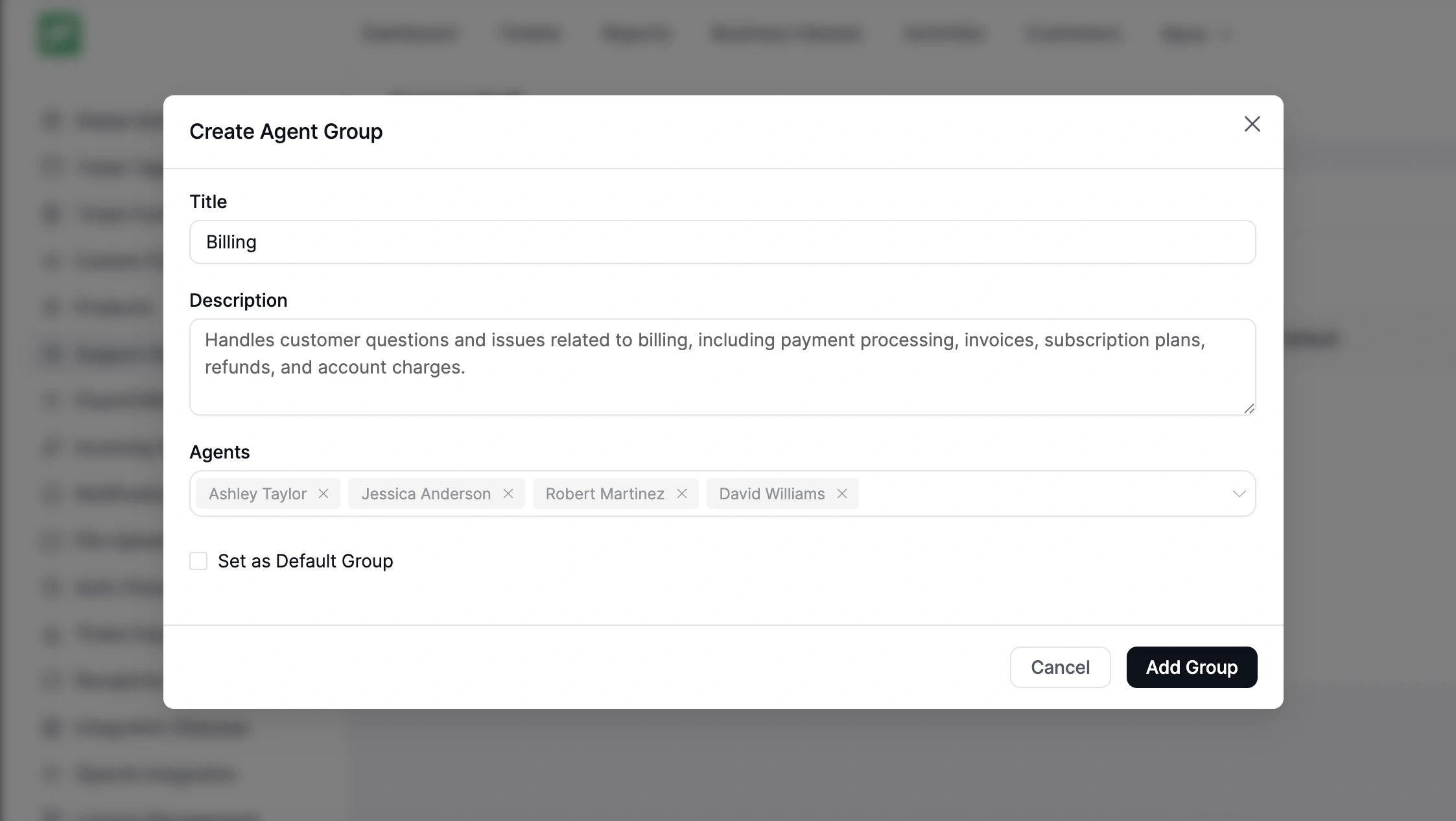 Create agent group, Fluent Support