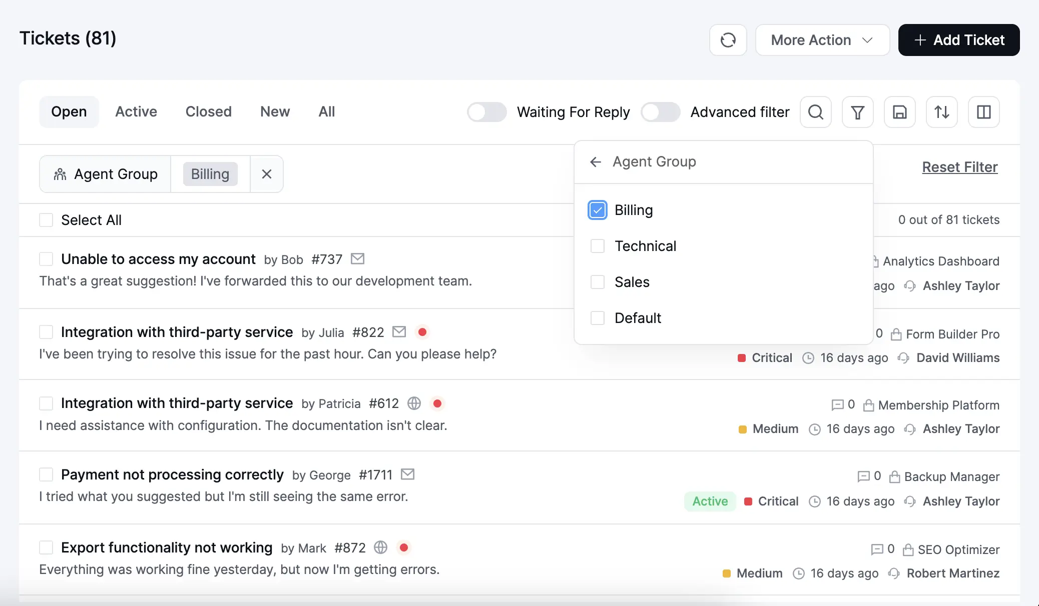 Filter Tickets by Agent Group, Fluent Support