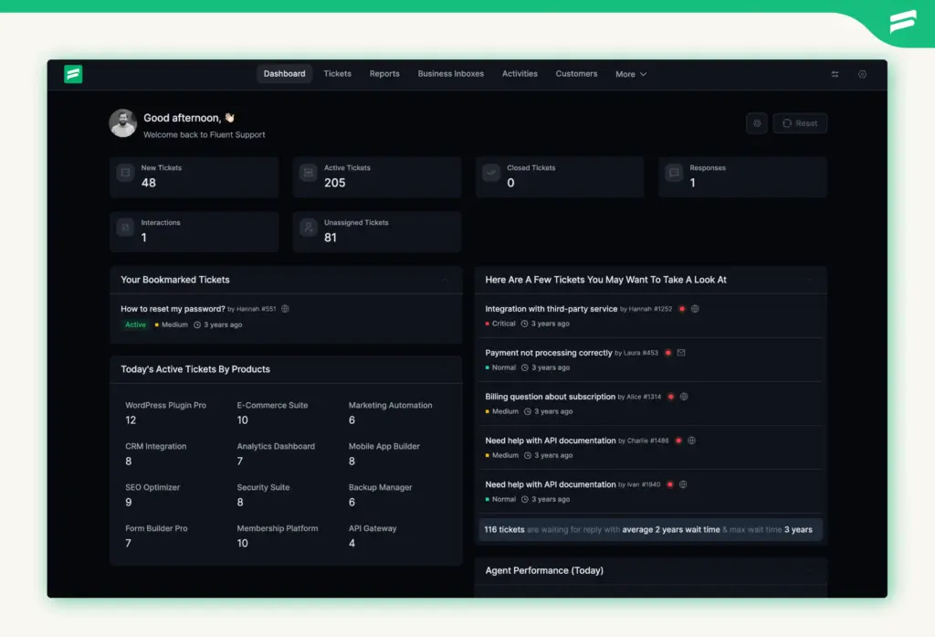 Fluent Support's Dark Mode Dashboard