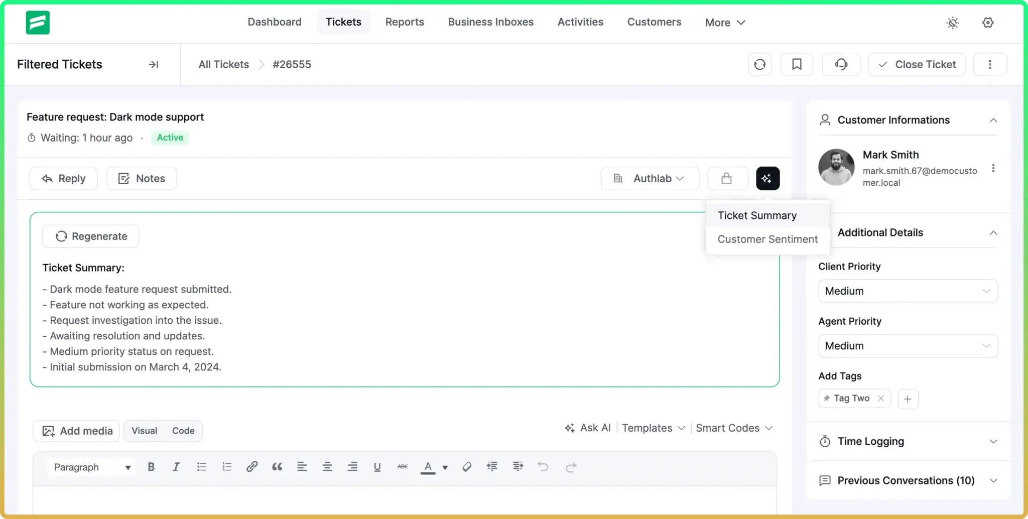 Fluent Support AI ticket summerization
