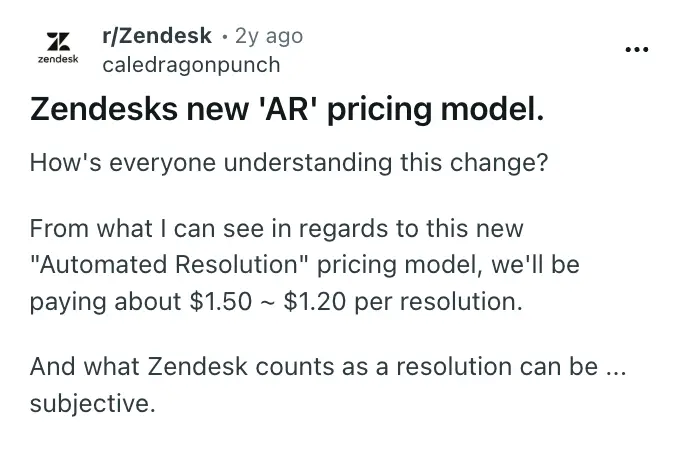 Zendesk new AR pricing, reddit, customer review
zendesk