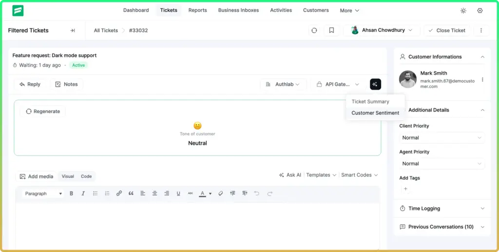 Customer Sentiment Analysis - Fluent Support