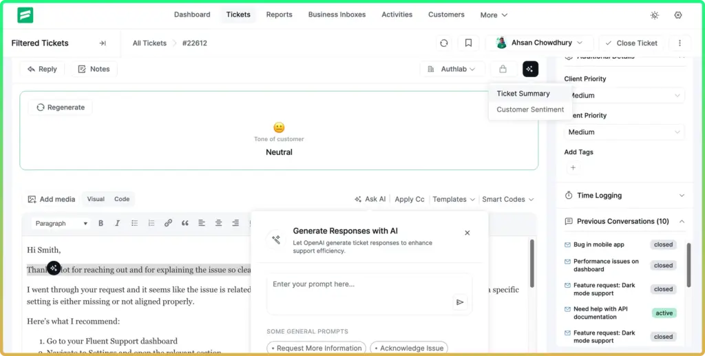 AI ticket reply - Fluent Support