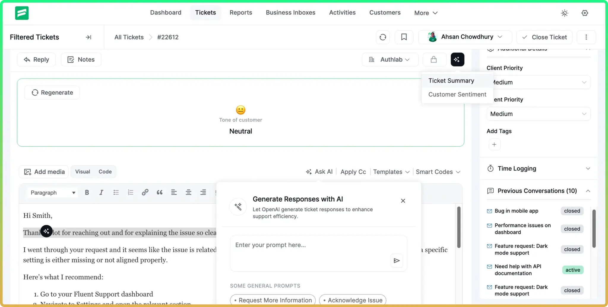 Fluent Support AI generated reply