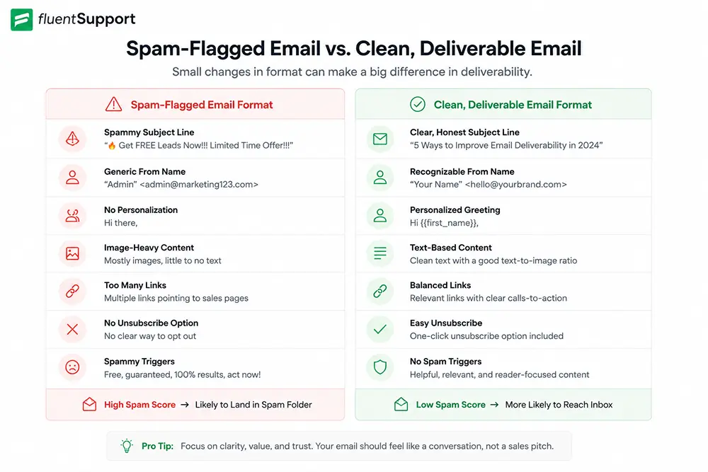 Spam flagged email vs clean deliverable email, why Are My Emails Going to Spam, fluent support blog