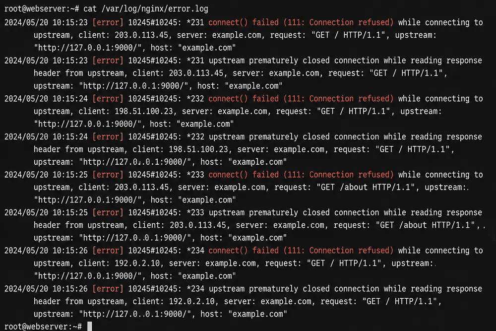 sample Nginx error log with a connection refused entry, Fluent Support Blog