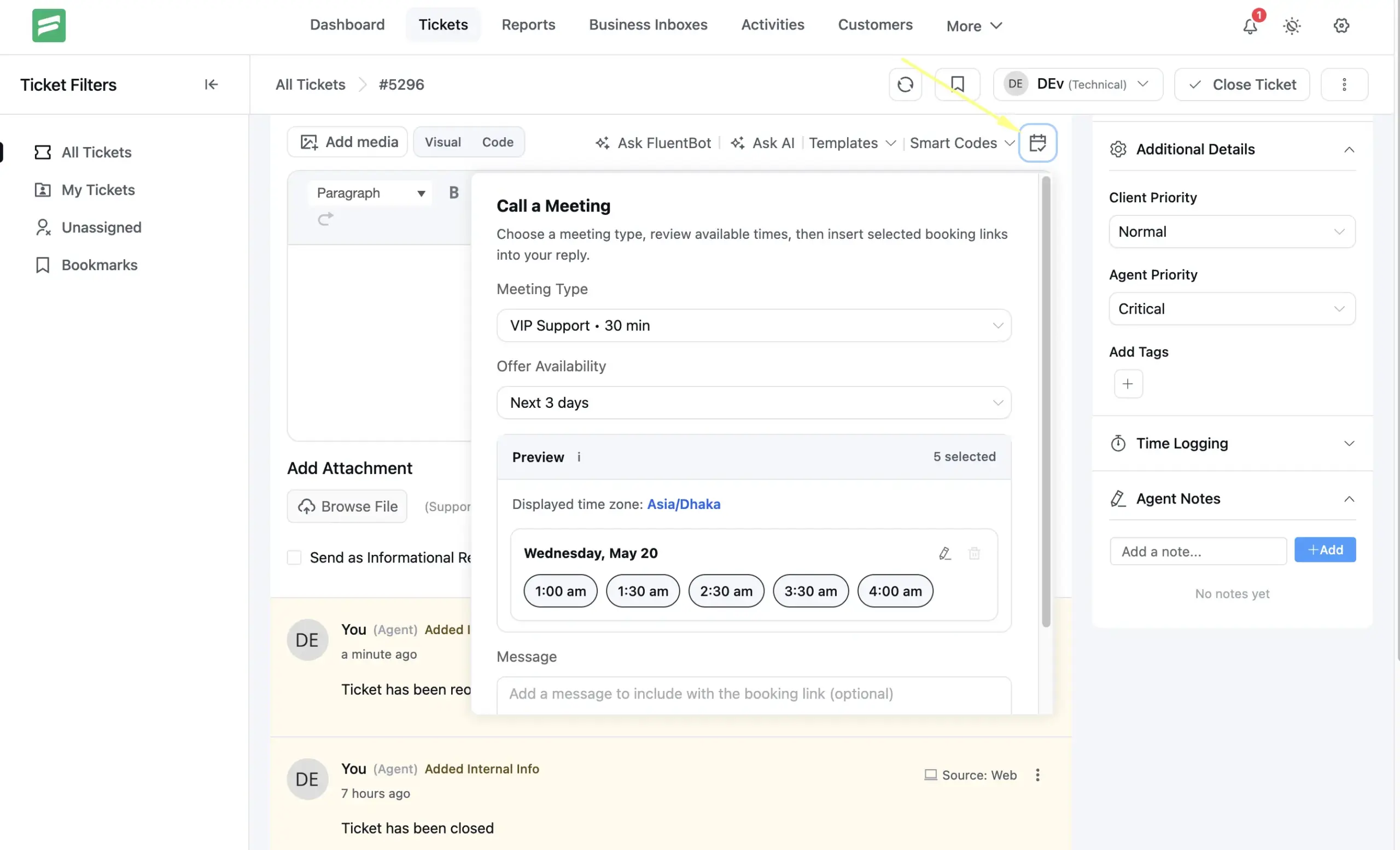 Call a Meeting popover in the ticket reply toolbar showing meeting type selector, date range picker, and available time slot list with selected slots highlighted