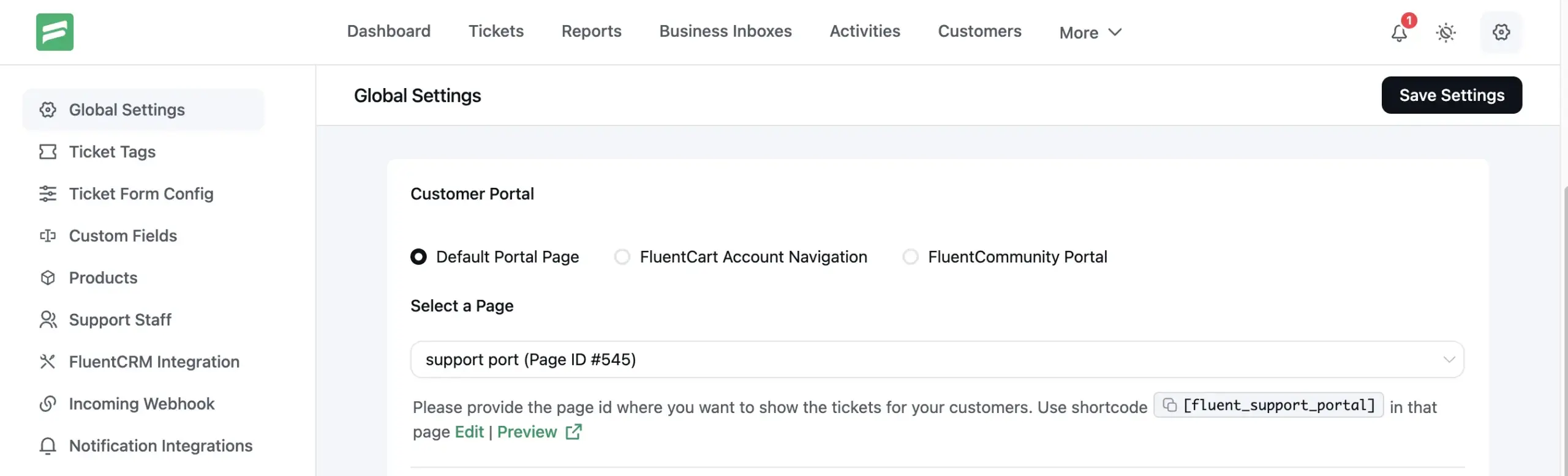 Customer Portal section in Global Settings showing radio buttons for Default Portal Page, FluentCart Account Navigation, WooCommerce Account Navigation, and FluentCommunity Portal with the portal URL copy button visible below the selected FluentCommunity option