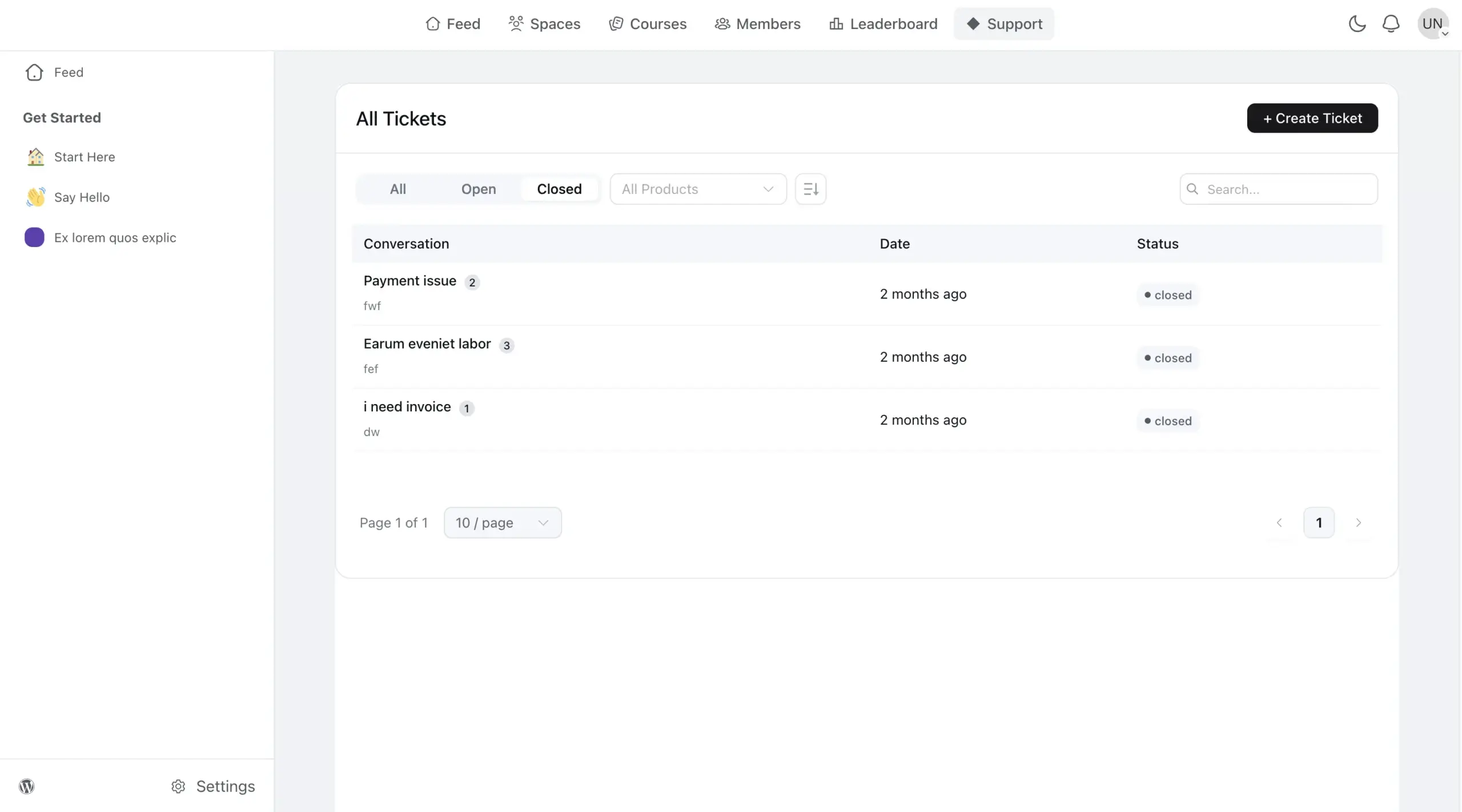 Fluent Support customer portal embedded inside FluentCommunity showing the FC sidebar and header with the support ticket list rendered in the content area