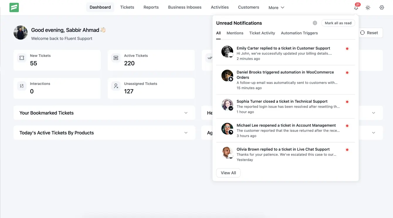 Fluent Support notification bell drawer open, showing unread assignment and customer reply notifications in the admin panel
