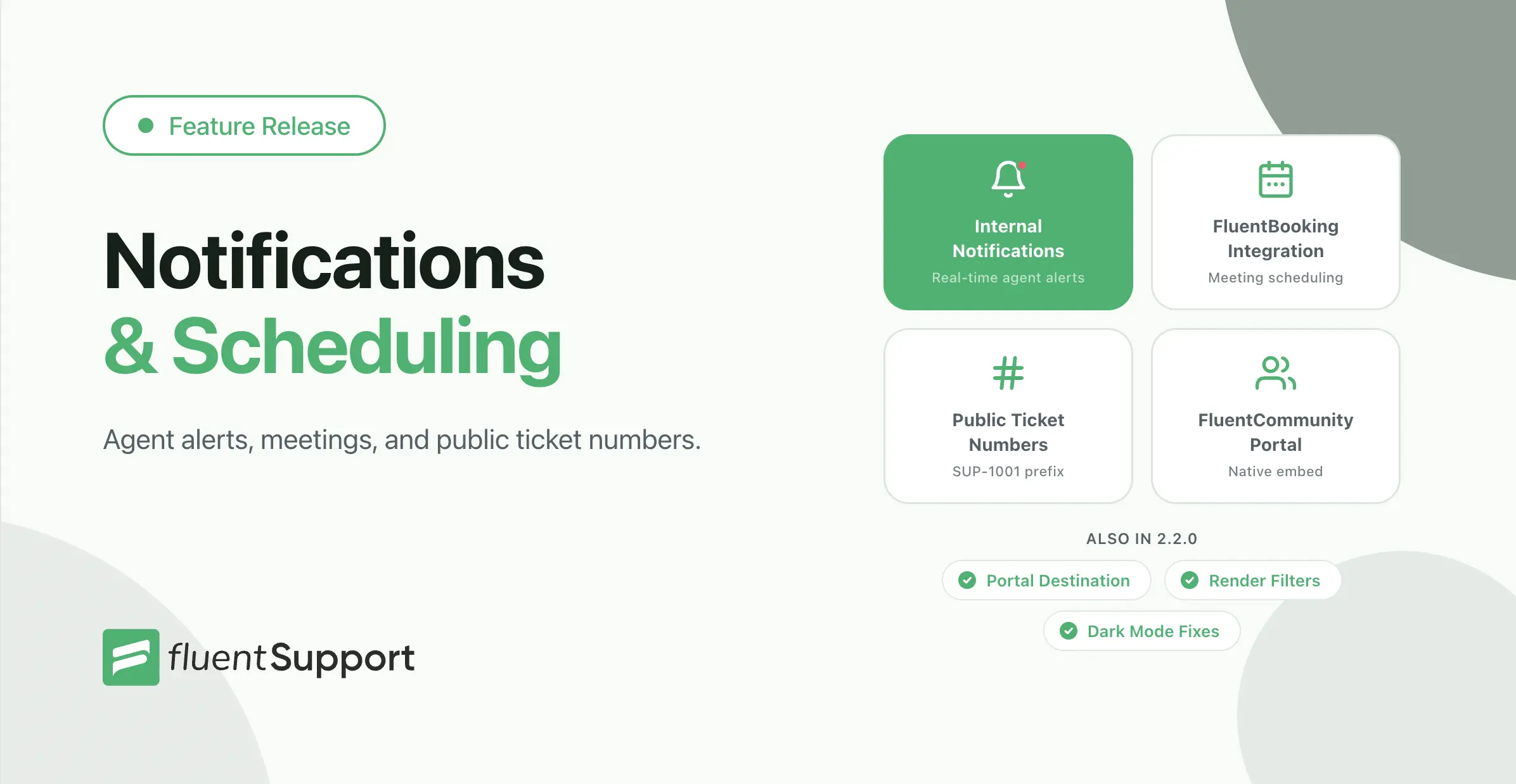 Fluent Support 2.2.0 release banner showing notification bell, calendar meeting icon, and ticket number badge against the Fluent Support brand background