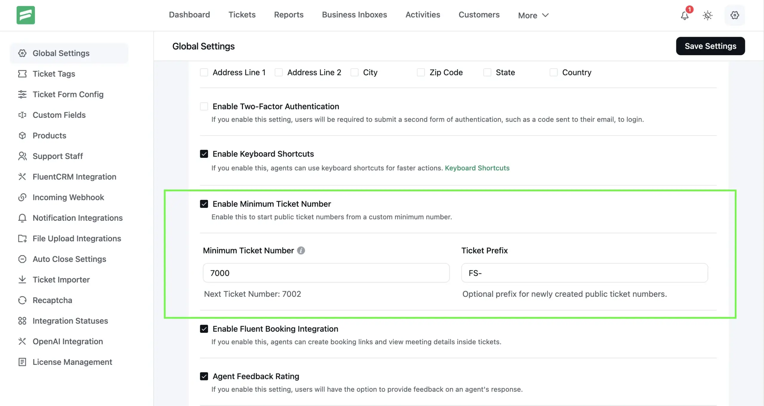 Global Settings showing the Enable Minimum Ticket Number toggle, Minimum Ticket Number field with next-value helper text, and Ticket Prefix field filled with SUP-