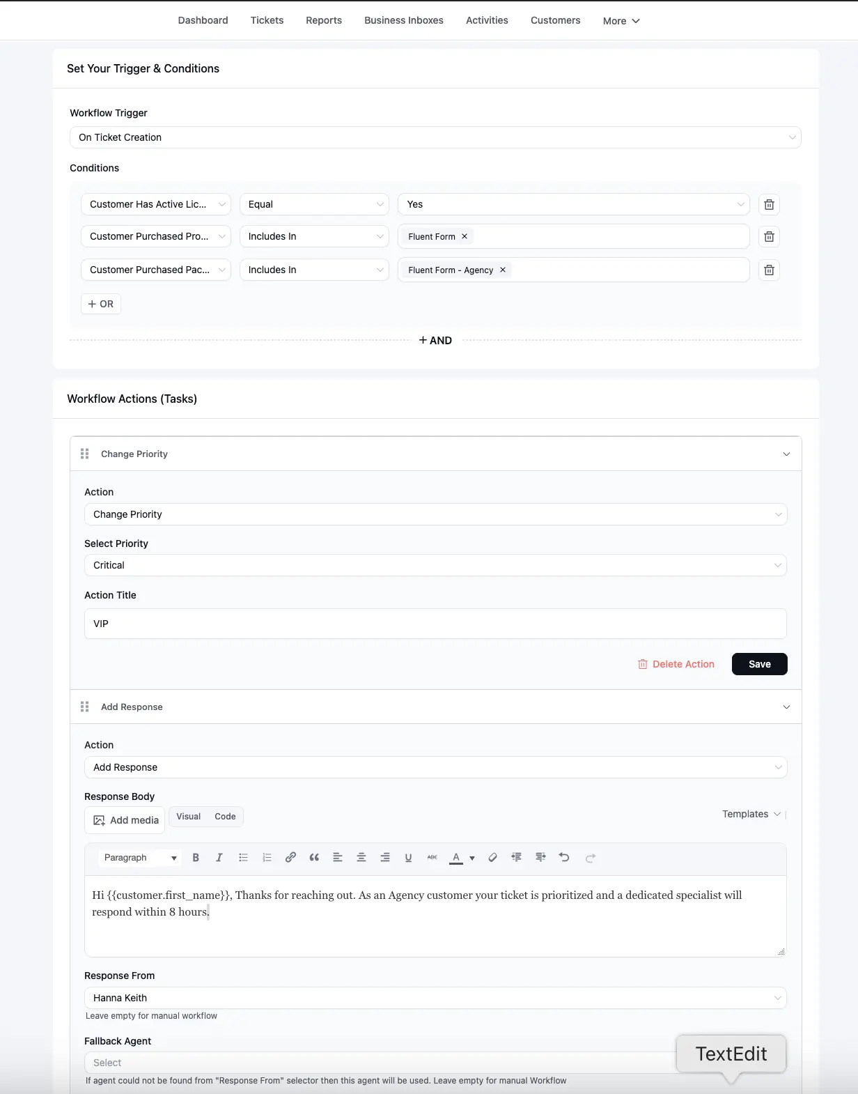 Commerce Workflow Conditions screenshot: Workflow editor showing new commerce conditions including Customer Purchased Product and Customer Has Active License for FluentCart