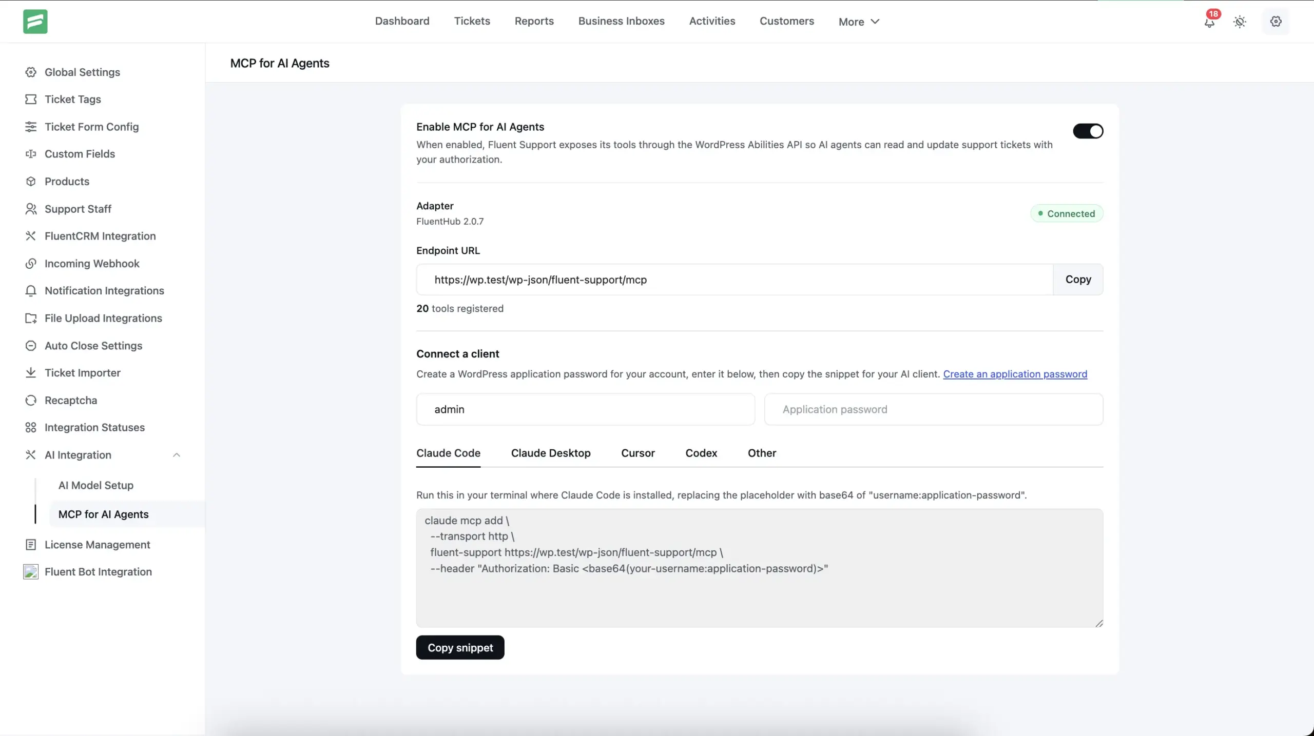 MCP Settings screenshot: MCP Settings page in Fluent Support admin showing configuration options for connecting AI agents via the Model Context Protocol