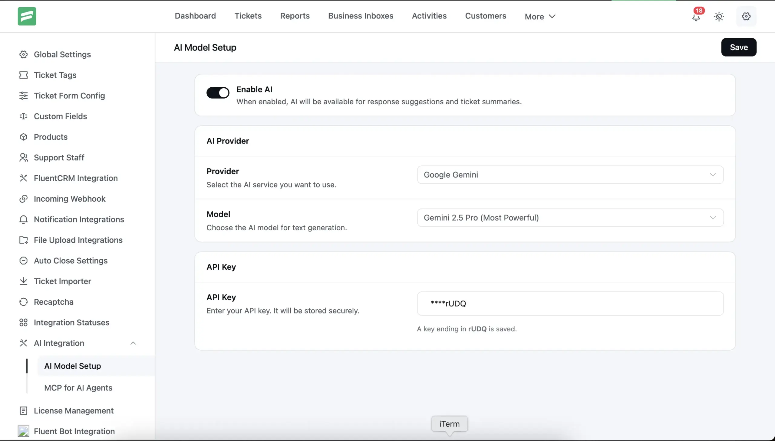 AI Model Setup screenshot: AI Model Setup settings page showing provider selection between OpenAI, Gemini, and Anthropic with model and API key fields