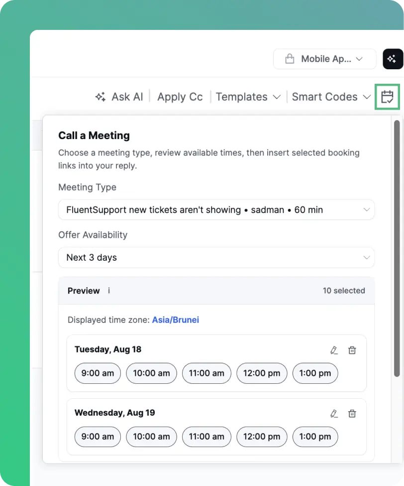 Call a meeting option from Fluent Support ticket reply