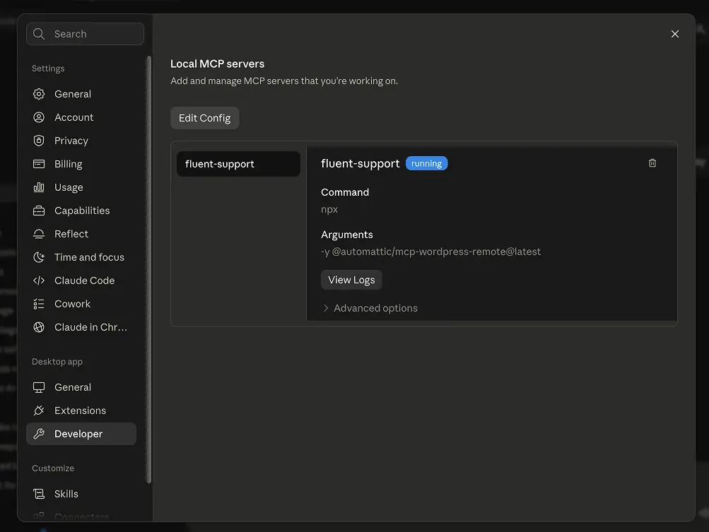 Local MCP servers page showing fluent-support with the running badge