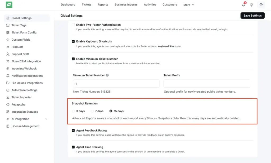 Snapshot Retention setting in Fluent Support Global Settings with 3 day, 7 day and 15 day options