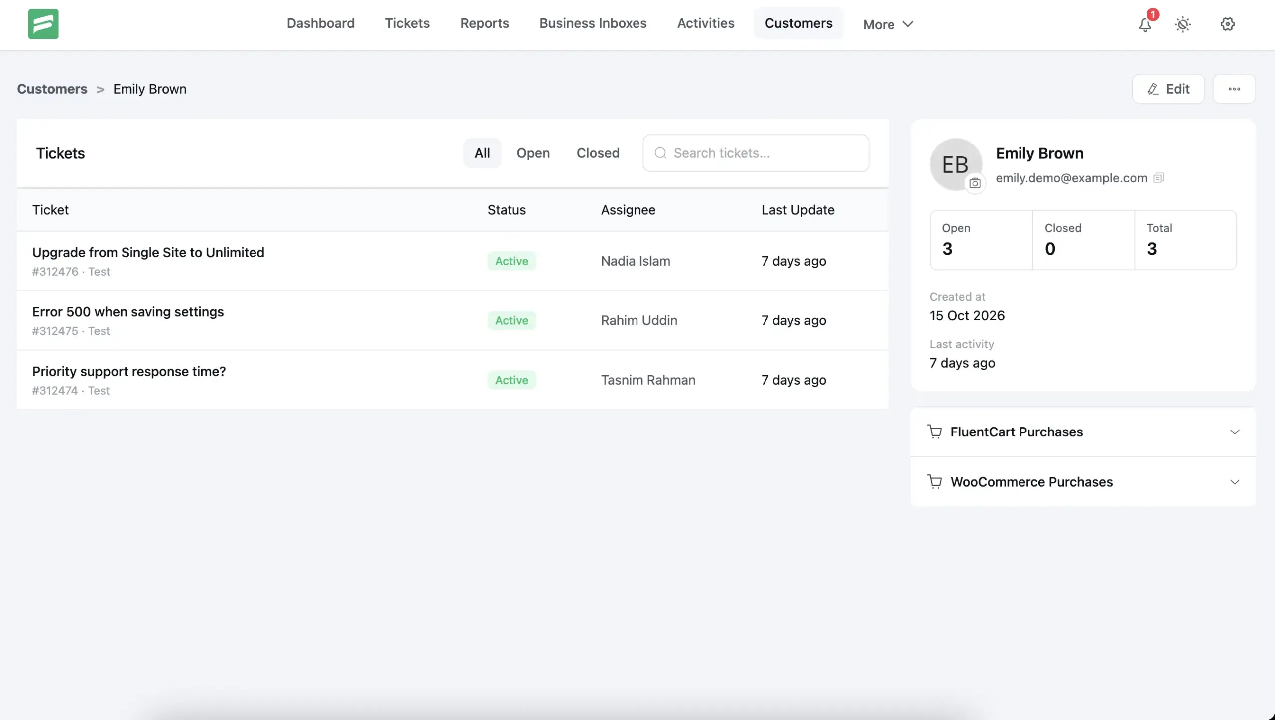 New customer profile page with ticket stats, a ticket table and the edit customer dialog