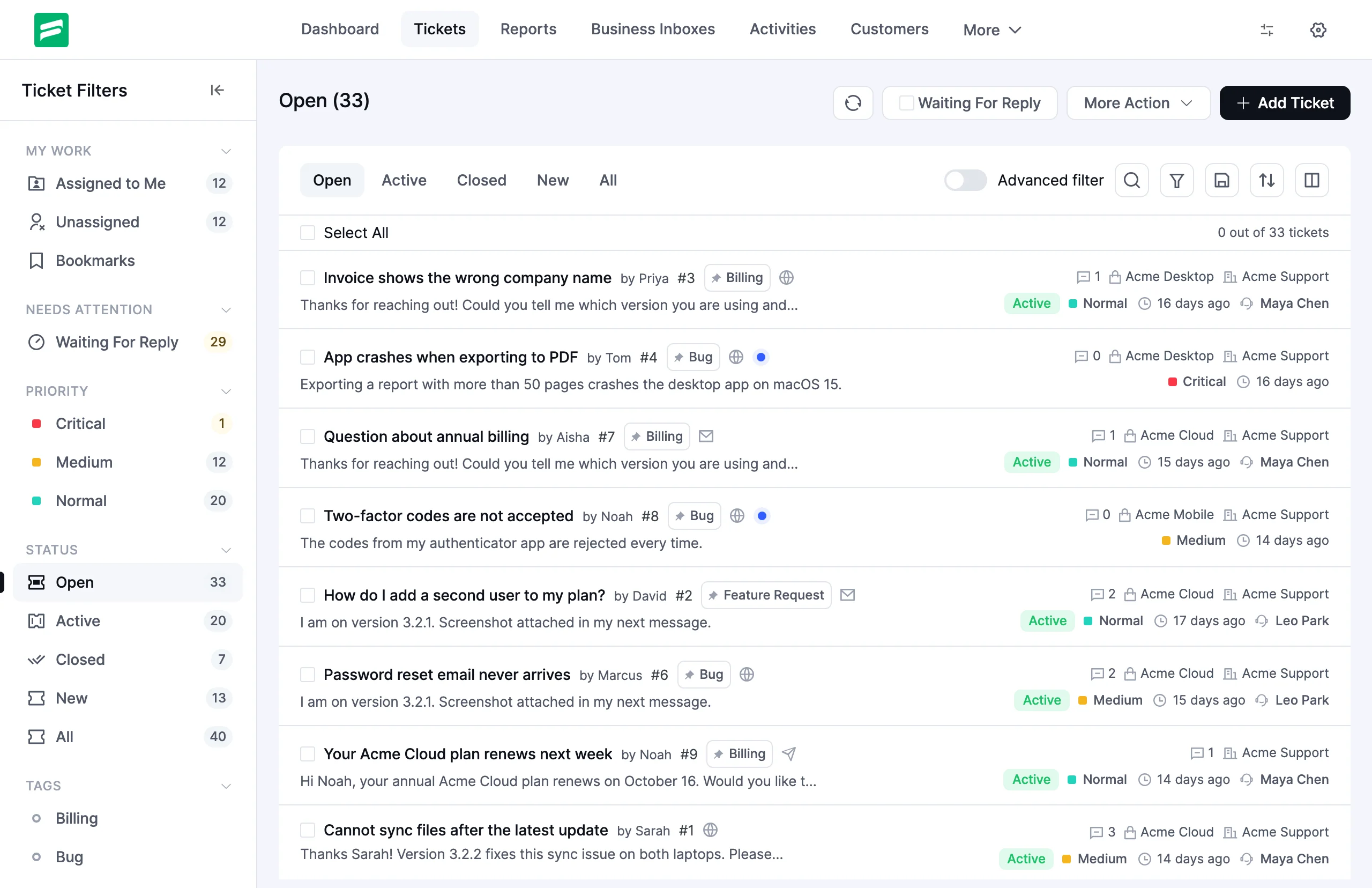Fluent Support ticket list with the new Ticket Filters sidebar showing My Work, Needs Attention, Priority, Status and Tags with live counts