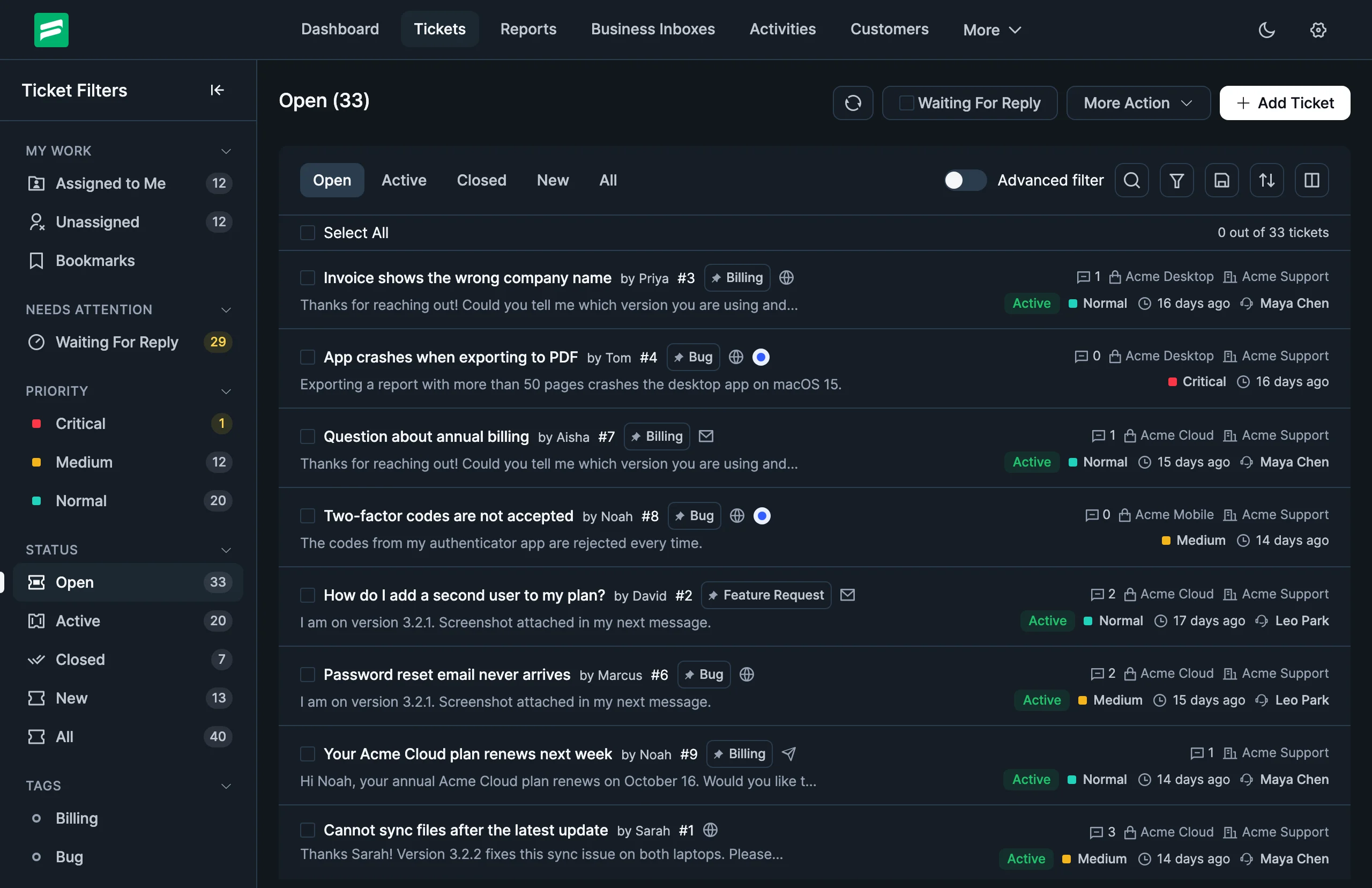 Fluent Support ticket list and Ticket Filters sidebar in the reworked Dark Mode