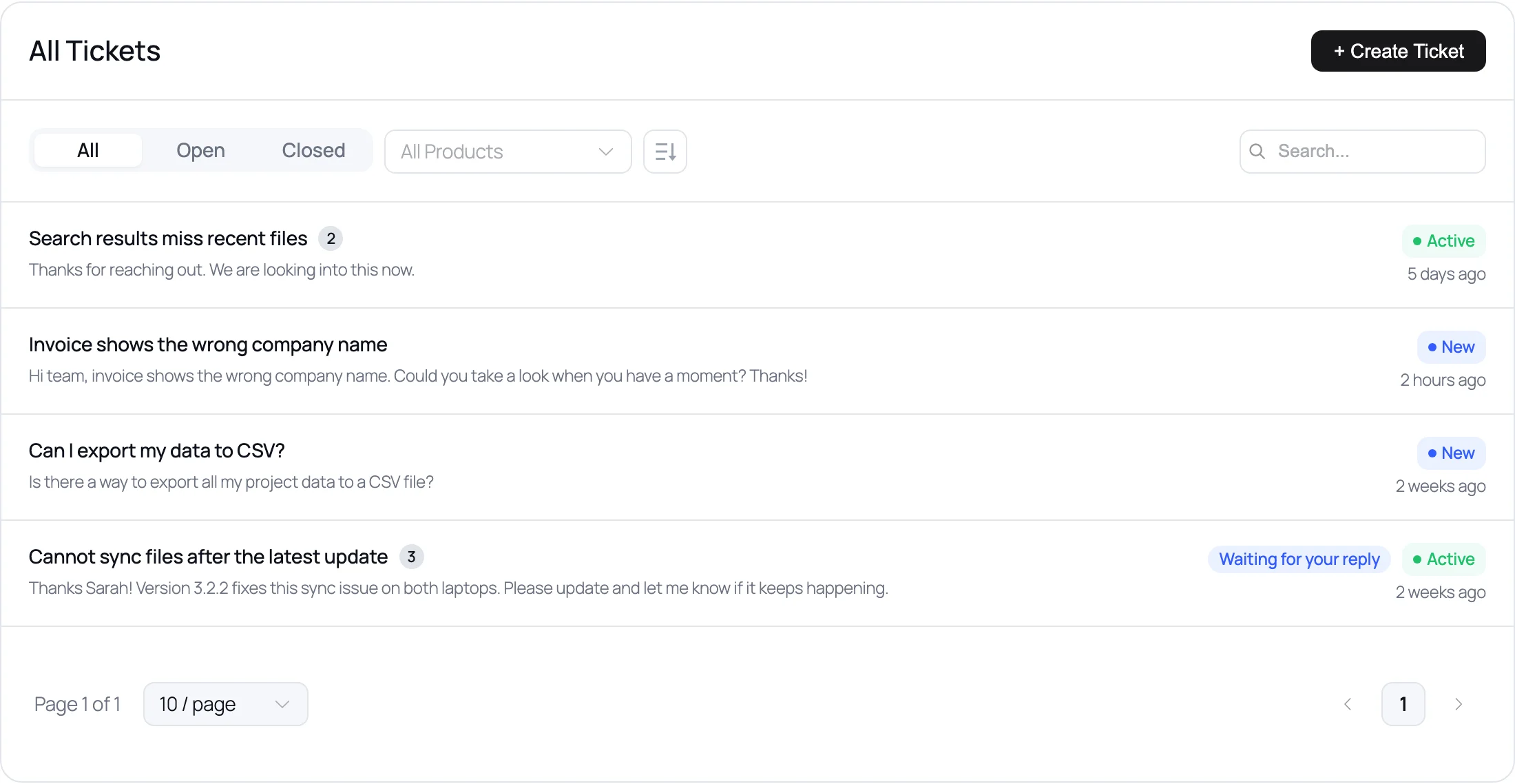 New Customer Portal ticket list with reply counts, status badges and a Waiting for your reply badge