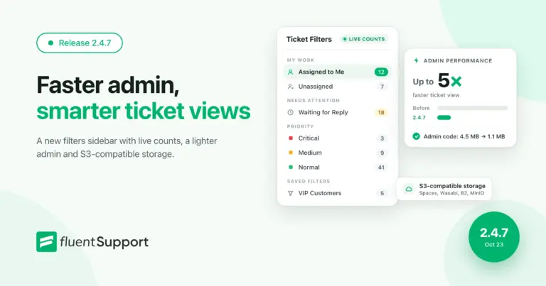 Fluent Support 2.4.7: the new Ticket Filters sidebar with live counts and up to 5x faster ticket view