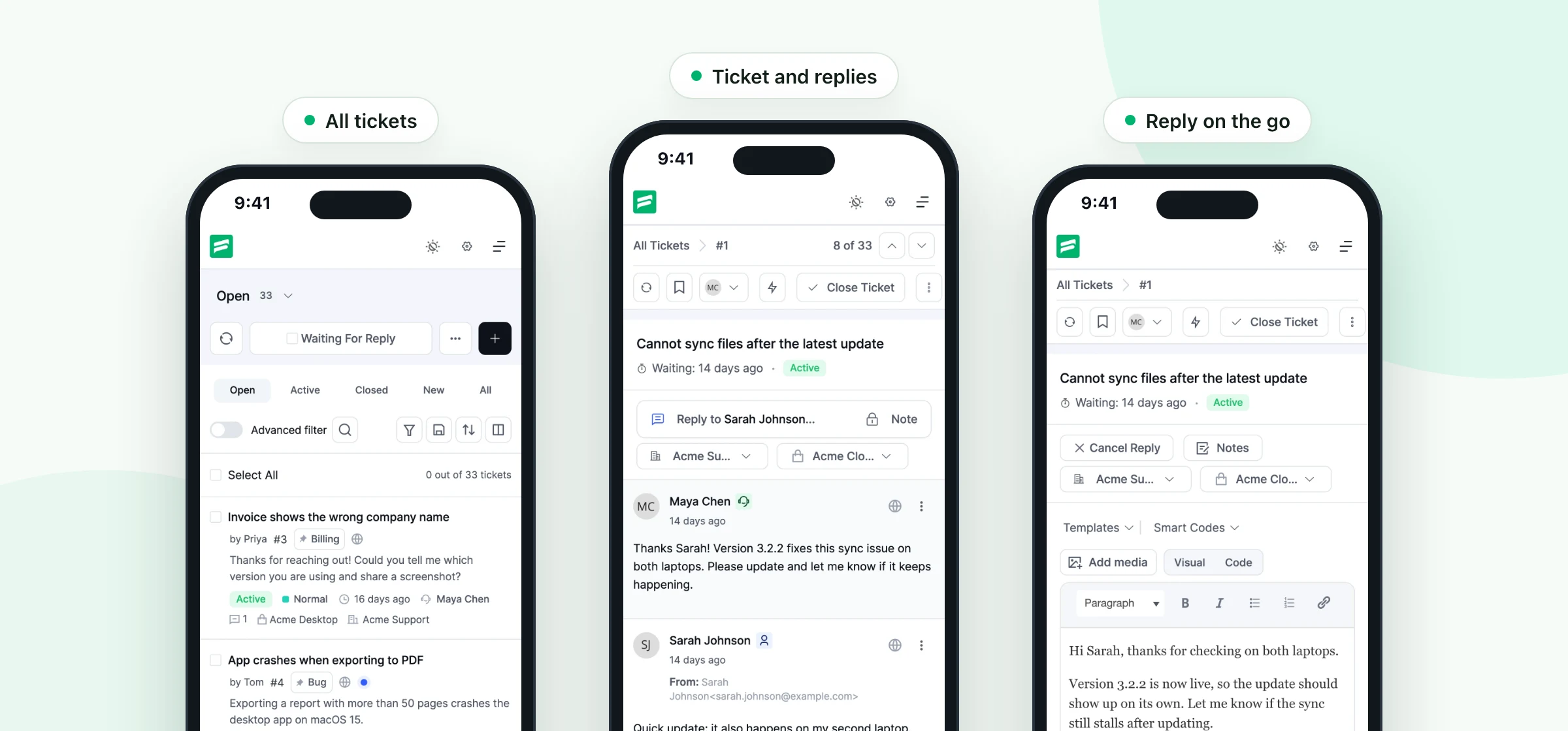 Fluent Support on three phones: the ticket list, a ticket with its replies, and the reply editor