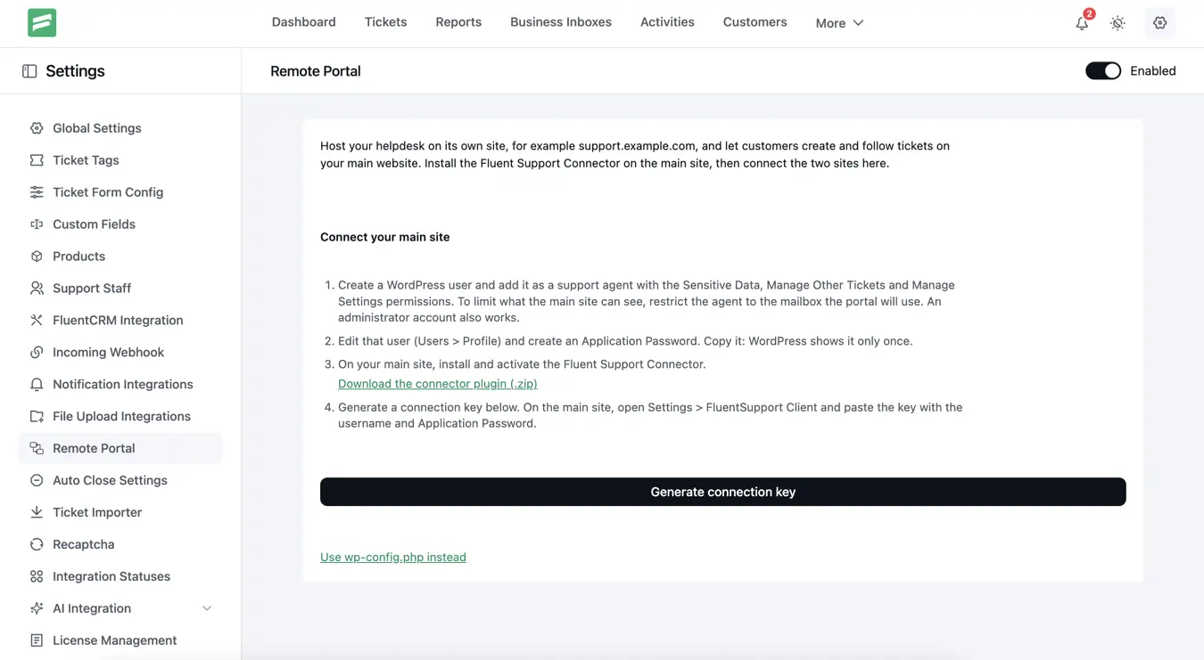 Fluent Support Remote Portal settings page with the one-time connection key and setup steps