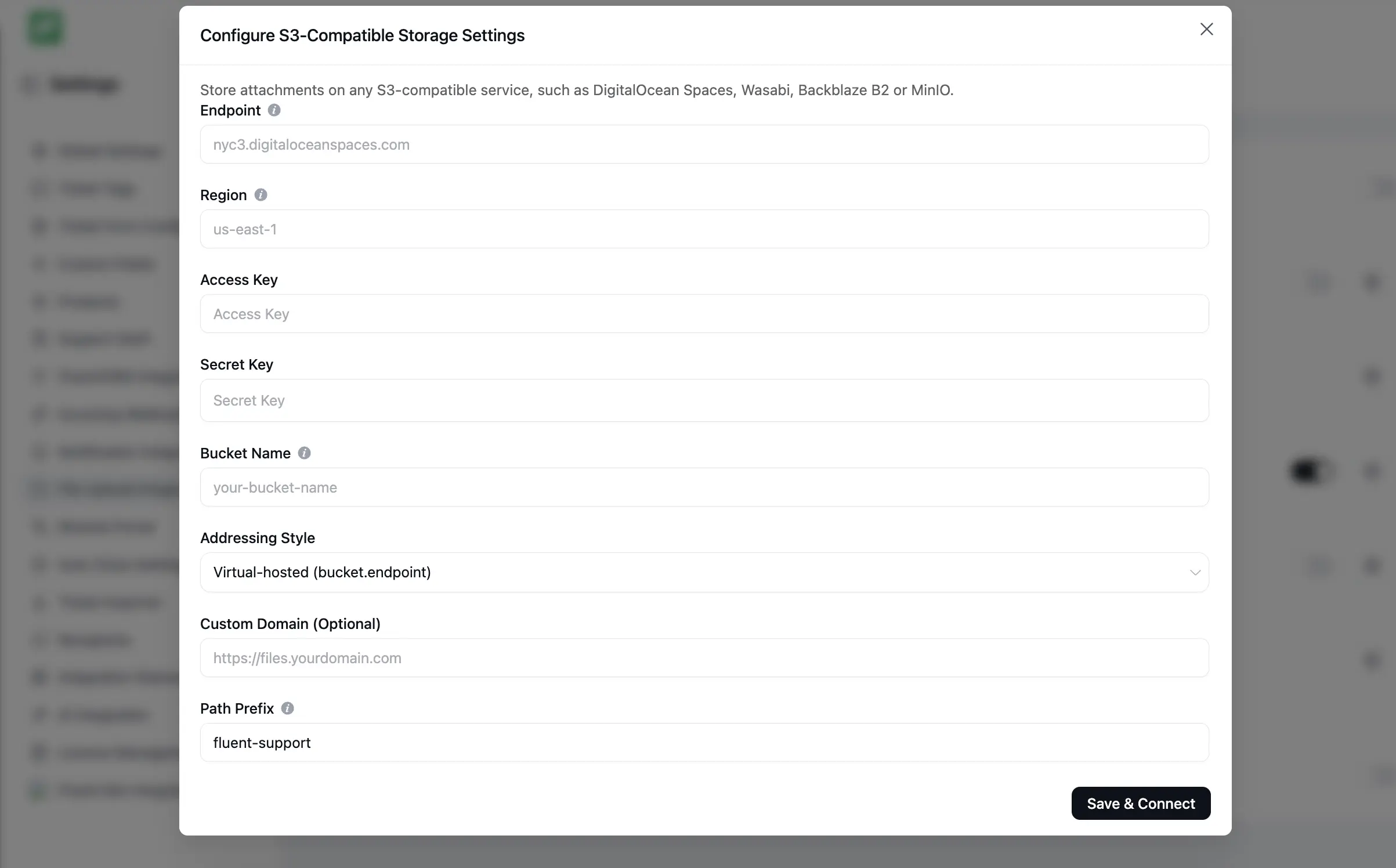 Fluent Support Pro S3-Compatible Storage settings with endpoint, region, access key, bucket name and addressing style fields