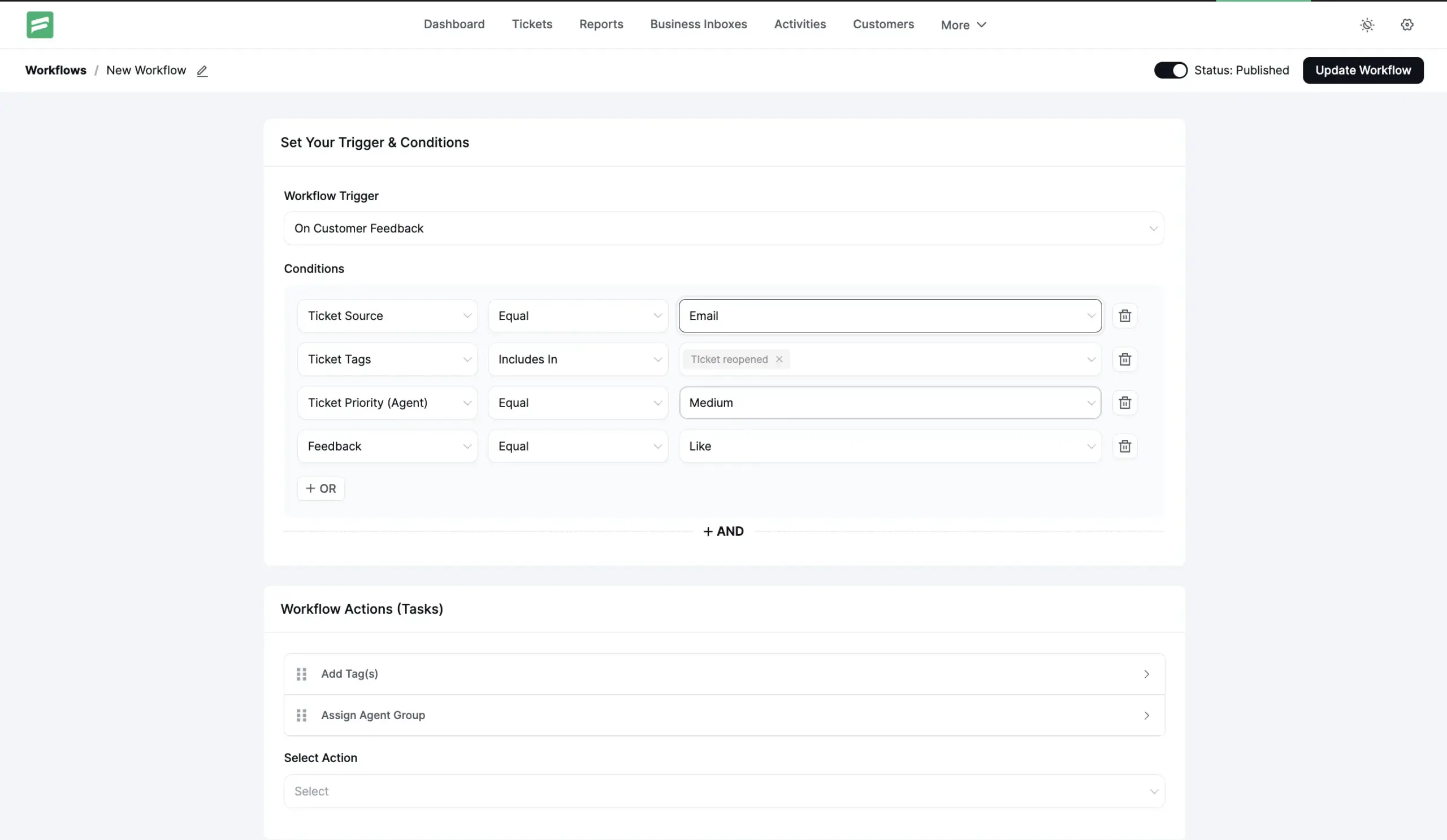 Fluent Support workflow editor showing the new On Agent Response, On Agent Assigned, On Ticket Reopened and On Customer Feedback triggers